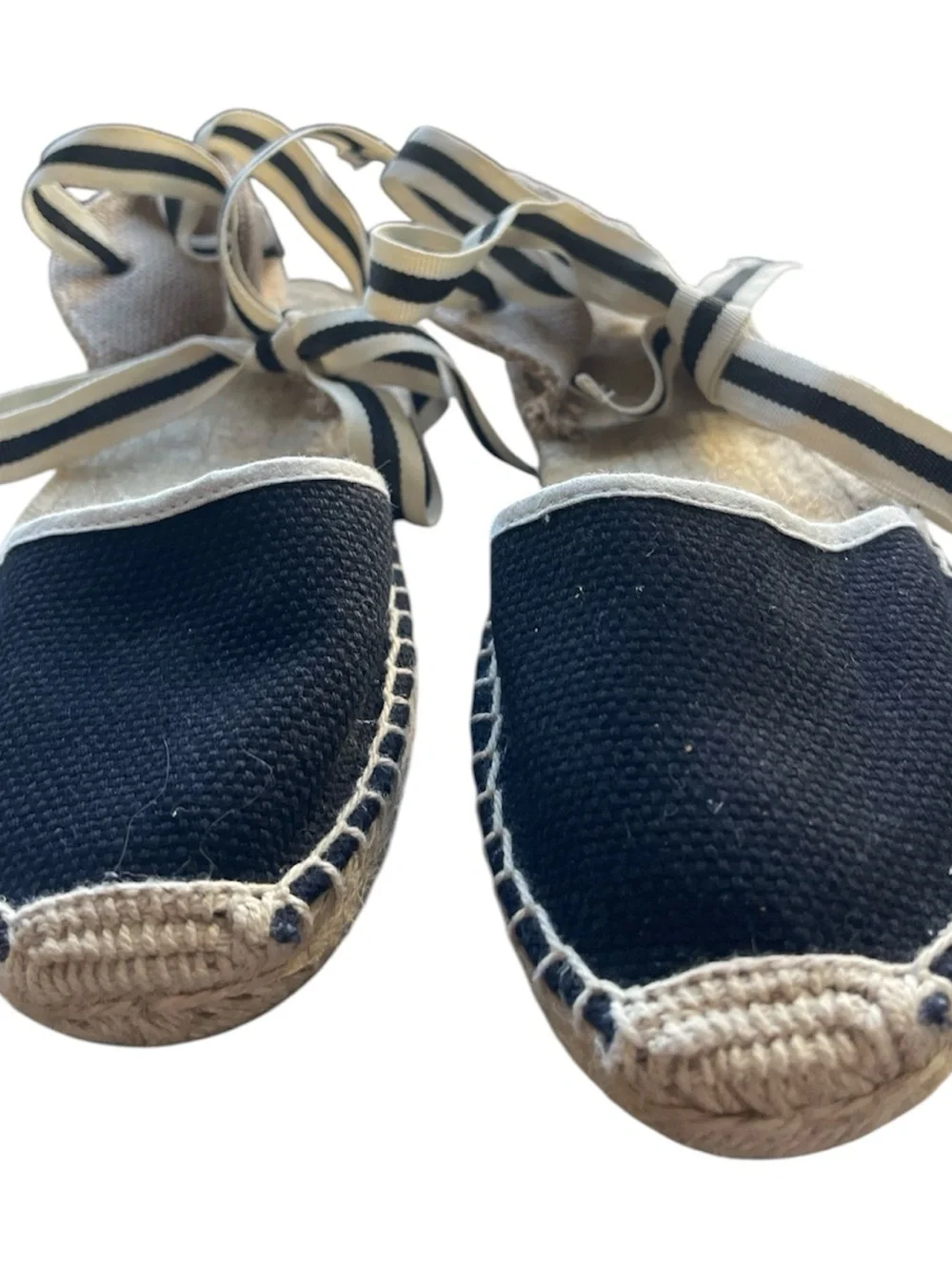 SOLUDOS Lauren Lace Up Espadrille Sandals Ankle Wrap Black Linen Women's. Size 7
